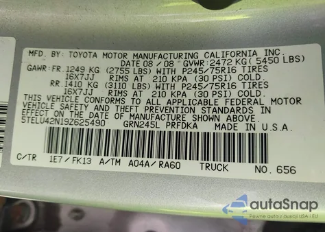 2009 Toyota Tacoma Base V6 z USA, uszkodzony, nr VIN 5TELU42N19Z625490